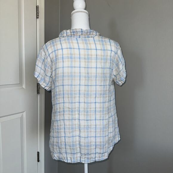 CP Shades 100% Linen Tunic Top 1/4 Button Up Plaid Blue White Cream Womans Sz M - Picture 2 of 6